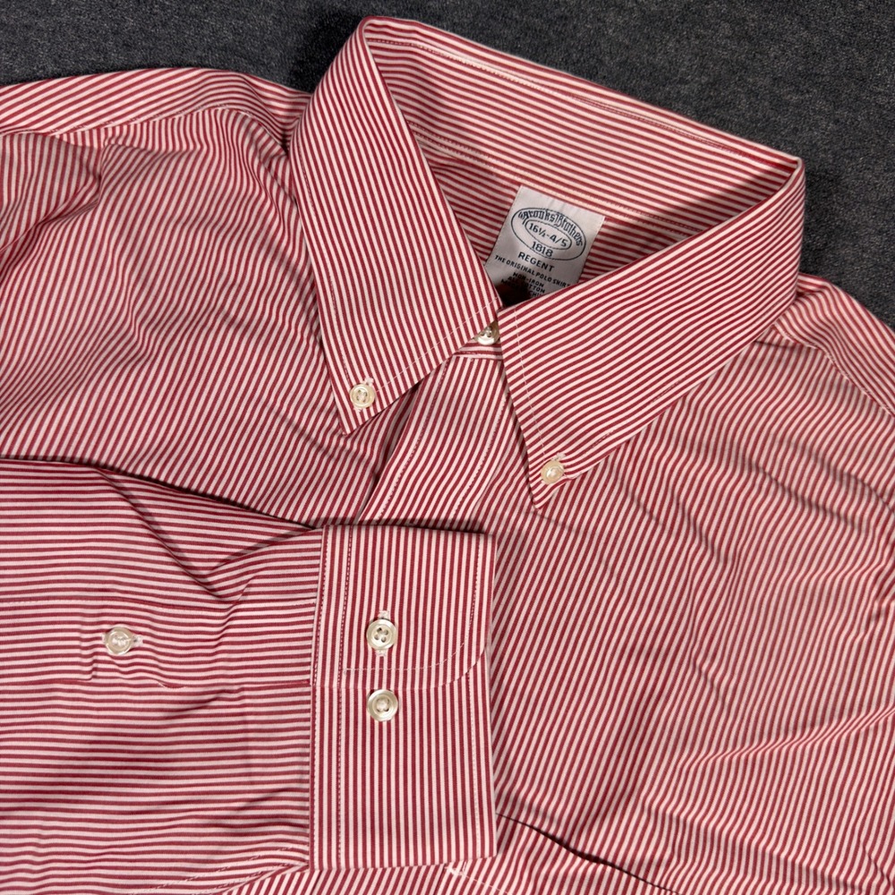 Brooks Brothers Button Down Shirt Mens 16.5 Red White Striped Regent Non-Iron